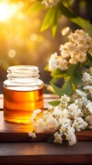 A jar of honey and a lilac flower on a cutting kitchen wooden board, blurred background.