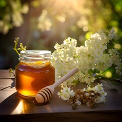 A jar of honey, honey dipper sticks and lilac flowers on a smudged background.