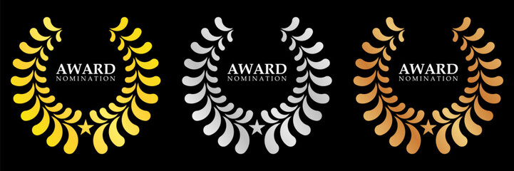 Golden, silver and bronze award signs with black background.