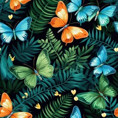 Seamless summer pattern of bright butterflies and ferns on a black background