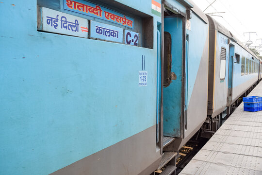 Kalka, Haryana, India May 14 2023 - View of Kalka railway station from where Toy train runs from Kalka Shimla route during daytime, Toy train station platform, Indian Railway junction, Heavy industry