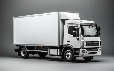 Blank White Delivery Truck Side View on Grey Background, Ready for Branding and Advertising Graphics, Ideal for Transport Themes.