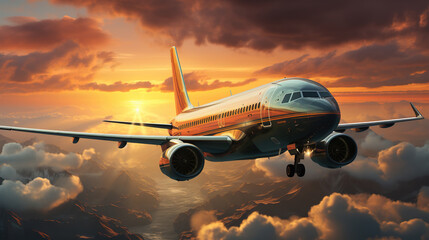 Fototapeta na wymiar Commercial Aircraft Soaring Over Misty Skies Sunset Oil Painting The Horizon on Blurry Background