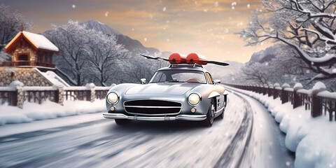 Small Retro Luxury Car Driving in A Snowy mountain setting The Car Powers Through The Snow Covered Roads on Blurry Background