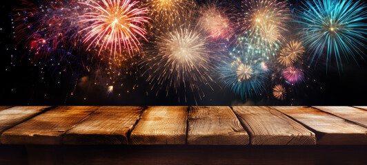 HAPPY NEW YEAR 2024 - Festive silvester New Year's Eve Sylvester Party concept background greeting card background - Empty rustic wooden table and colorful fireworks pyrotechnics on night sky