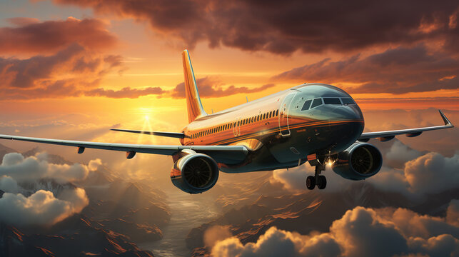Commercial Aircraft Soaring Over Misty Skies Sunset Oil Painting The Horizon on Blurry Background