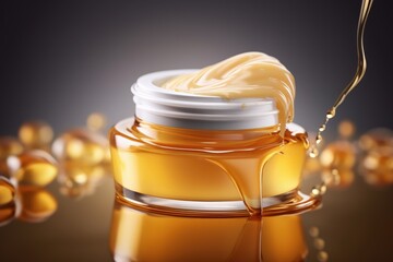 Cosmetic cream jar mock up with honey against the background of honeycombs - obrazy, fototapety, plakaty