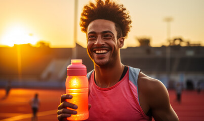 Joyful African American Athlete Holding Sports Drink Enjoying Sunset after Training on Athletic Track