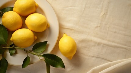 Top view Plate with fresh lemons in a ceramic plate on the table covered with a linen tablecloth. free copy space