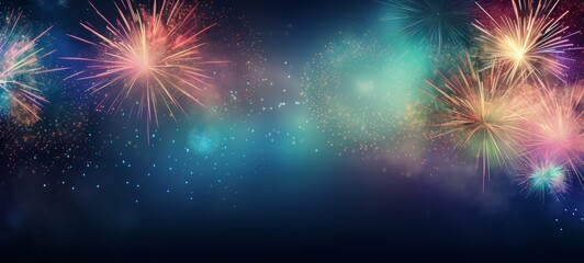 HAPPY NEW YEAR 2024 - Firework silvester New Year's Eve Party festival celebration holiday background banner greeting card - Closeup of colorful fireworks pyrotechnics in the night - obrazy, fototapety, plakaty