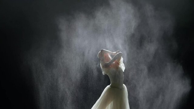 Beautiful dramatic dance, elegant ballerina in a white tutu perform choreographic elements on a black background, dust and haze effect on a dark stage.
