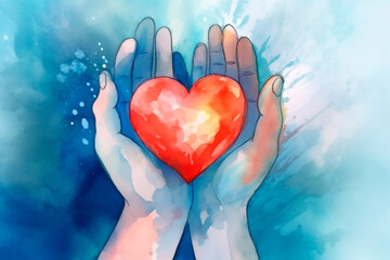Generative ai illustration of watercolor paint of a hands hold a red heart on a blue background - obrazy, fototapety, plakaty