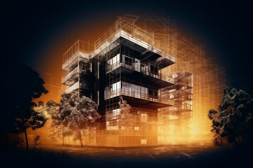 Generative Ai illustration of a future building construction engineering project devotion with double exposure graphic design.