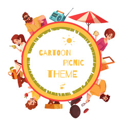 Cartoon picnic round frame background with people enjoying holidays