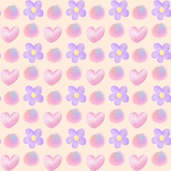 seamless pattern with hearts and purple flowers 