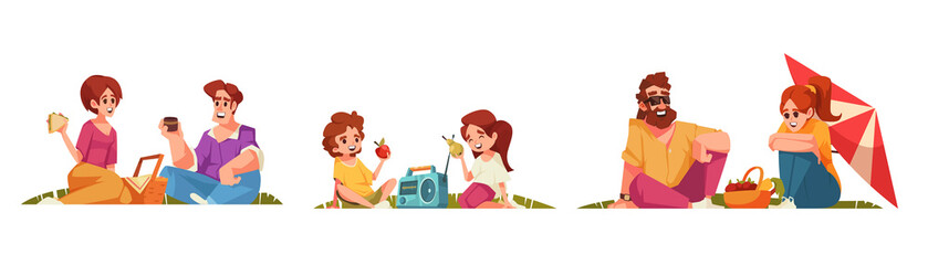Cartoon picnic character collection with people having a snack in a park