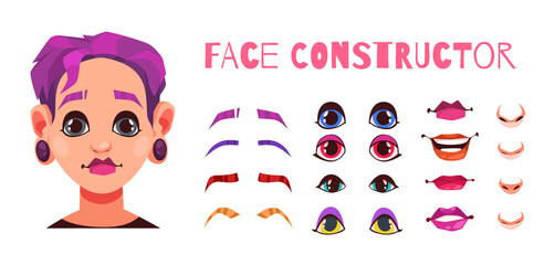 Cartoon character constructor with facial elements for a caucasian woman