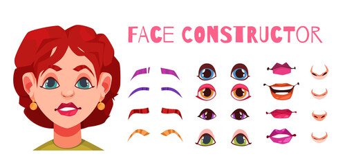 Cartoon character constructor with facial elements for a caucasian woman