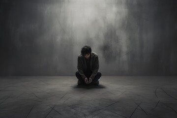 depression man sit on the floor - obrazy, fototapety, plakaty