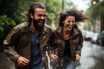 Joyful Couple Splashing in Rainy Puddles