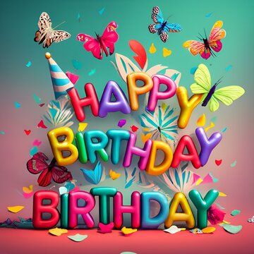 Happy Birthday text on the background, small colorful touches of 3D paint and two colorful butterflies and Heart, 3d render generative AI