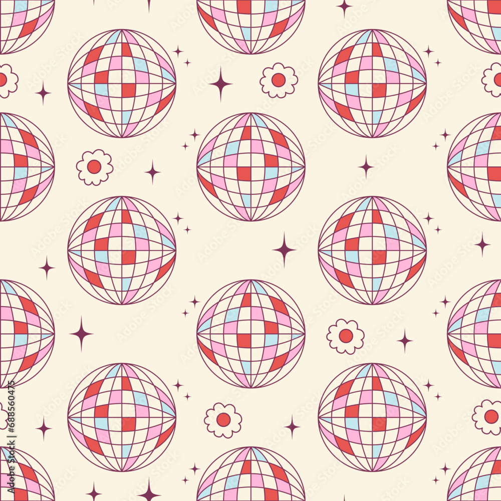 Poster seamless vector pattern with abstract disco balls and star shapes. 70s retro background with colorfu