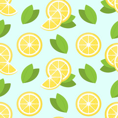 Yellow lemons and green leaves on blue background. Vector seamless pattern. Best for textile, wallpapers, home decoration, wrapping paper, package and web design.