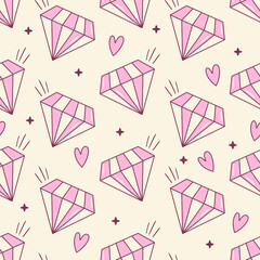 Seamless vector pattern with cute doodle diamonds, stars and hearts. Girly background with pink gems. Y2k texture for wallpaper, wrapping paper, textile design