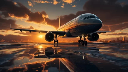 Fotobehang Airplane Landing On Runway At Golden Hour of Sunset on Blurry Background © AI Lounge