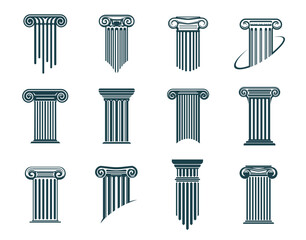 Ancient Greek columns and pillars icons, legal attorney and law office, vector symbols. Column pillar signs for lawyer notary, justice court and legislation firm or notarial and judicial education - obrazy, fototapety, plakaty