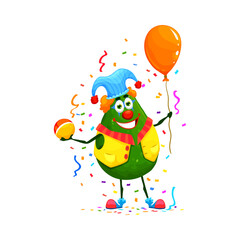 Obraz na płótnie Canvas Cartoon funny avocado vegetable character on birthday, anniversary holiday. Holiday celebration, birthday party or anniversary congratulating cheerful vegetable vector personage in clown costume