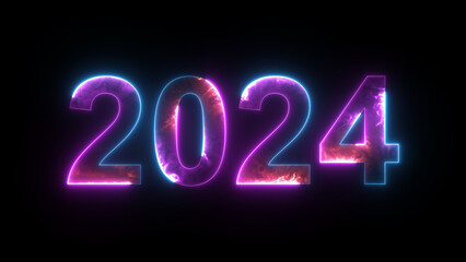 Futuristic multicolor glowing neon light 2024 text. Animated text 2024 neon glowing with reflection