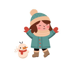  little girl in winter clothes playing with snowman, vector illustration