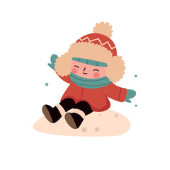 little girl in warm clothes playing snowballs. Vector illustration.