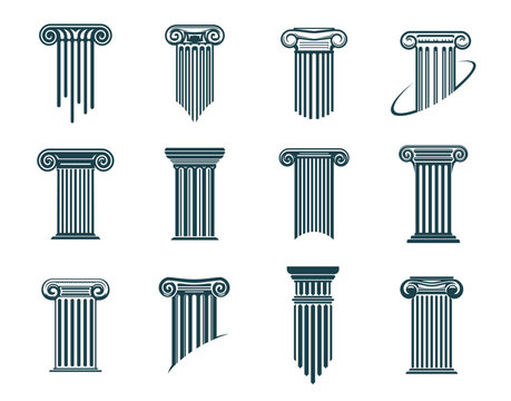 Ancient Greek columns and pillars icons, legal attorney and law office, vector symbols. Column pillar signs for lawyer notary, justice court and legislation firm or notarial and judicial education