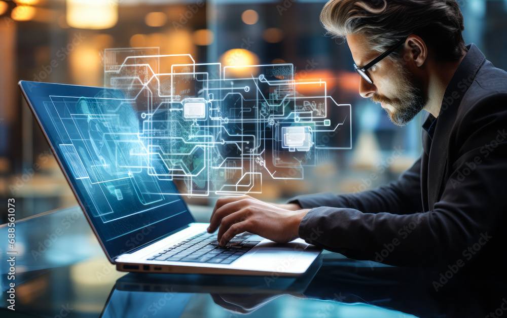 Poster professional in casual attire interacting with futuristic ai interface on laptop screen in a bright 