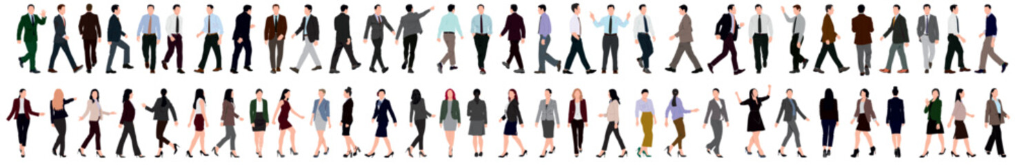 Obraz premium Set of business people walking and standing. Huge collection of businessman and woman. Men and women in full length. Inclusive business concept. Vector illustration isolated on white background.