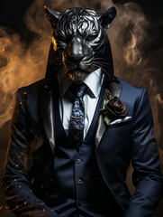 Elegant Black Panther in a Suit with a Tie and Boutonniere, Personifying Strength and Leadership in a Mysterious Smoke-filled Ambience - obrazy, fototapety, plakaty