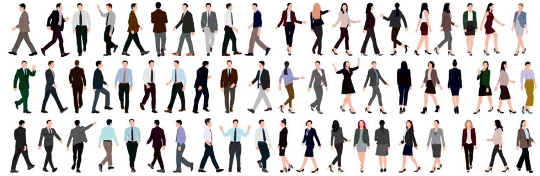 Set or collection of business people. Businessman and woman walking and standing on isolated white back ground. 