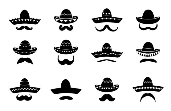 Mexican mariachi sombrero hat icons and mustaches. Hispanic culture fiesta party costume, Mexico amigo men sombrero or Mexican mariachi musician hat vector symbol with ethic ornaments, curly mustache