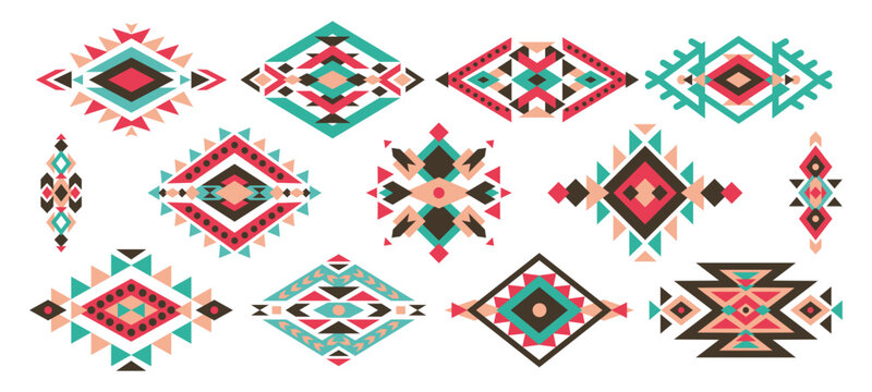 Mexican tribal patterns. Mexican ornament abstract ornament, Native American isolated vector triangle prints set. Peru carpet ethnic decoration, Mexico folk embroidery geometric patterns