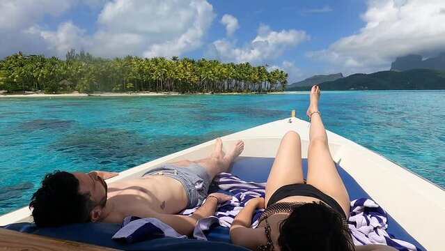 Rest on a boat on honeymoon in Bora bora in Tahiti