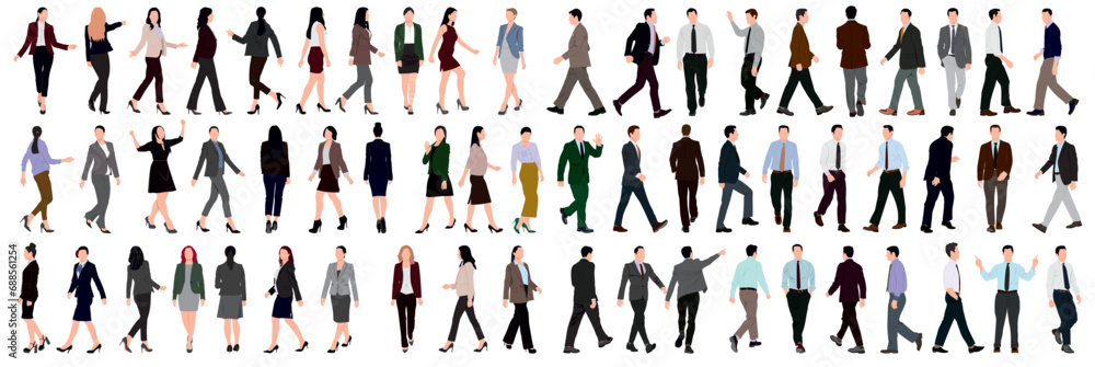 Wall mural Set or collection of business people. Businessman and woman walking and standing on isolated white back ground. 