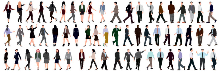 Set or collection of business people. Businessman and woman walking and standing on isolated white back ground.  - obrazy, fototapety, plakaty