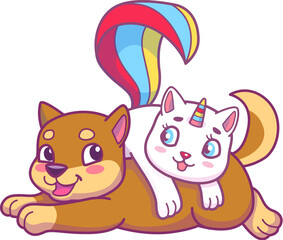 Cartoon cute caticorn playing with dog, funny animals friends cartoon characters. Vector playful kitten with rainbow tail and puppy, fairytale kitty