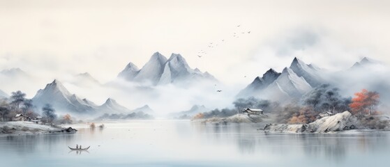 Fototapeta na wymiar Landscape Art: Chinese Ink and Water Mountain Painting