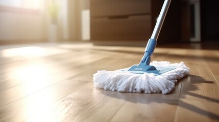 Mop Cleaning: Tools and Cleanser Foam on Parquet Floor - obrazy, fototapety, plakaty