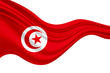 Waving Flag of Tunisia in White Background. Tunisia Flag on pole for Independence day. The symbol of the state on wavy fabric.
