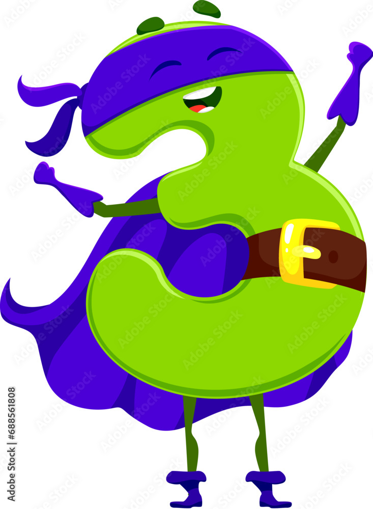 Poster cartoon math number three superhero character with expressive smile. isolated vector green colored d