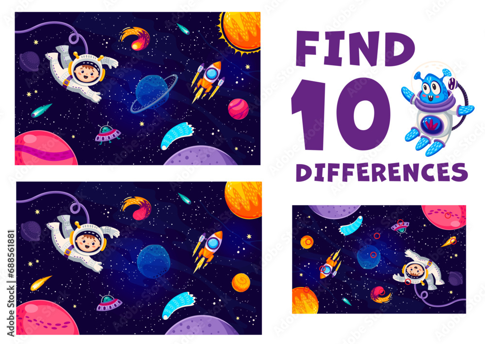 Poster find ten differences at space galaxy landscape with astronaut and cartoon planets. matching game vec